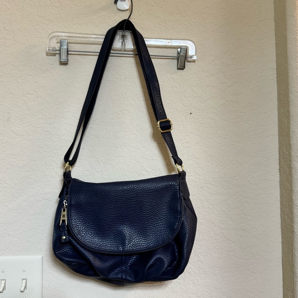 Navy Blue Faux Leather Shoulder Bag with gold accents